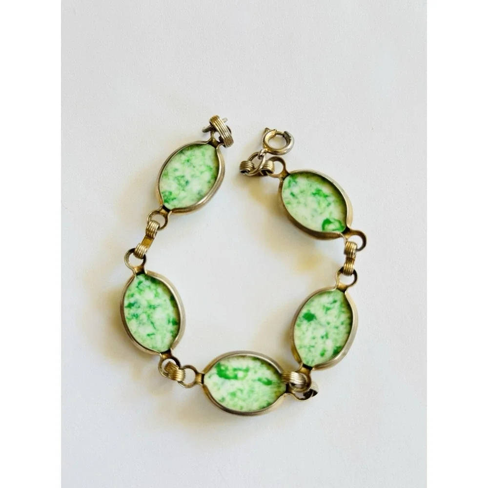 Bracelet VTG Regal Czech Green Glass Cabochon Link Silver Plated Rare Chunky 50s